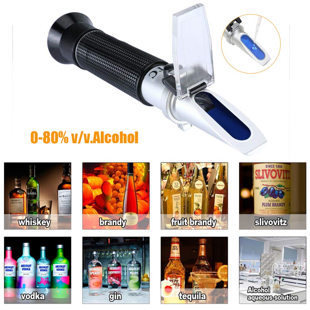 High Proof Alcohol Refractometer, ATC Alcohol Refractometer with 0-80% Alcohol Measurement Range for Liquor and Spirits. High Accuracy ±1% Alcohol Refractometer for Whiskey, Brandy, Vodka, etc.