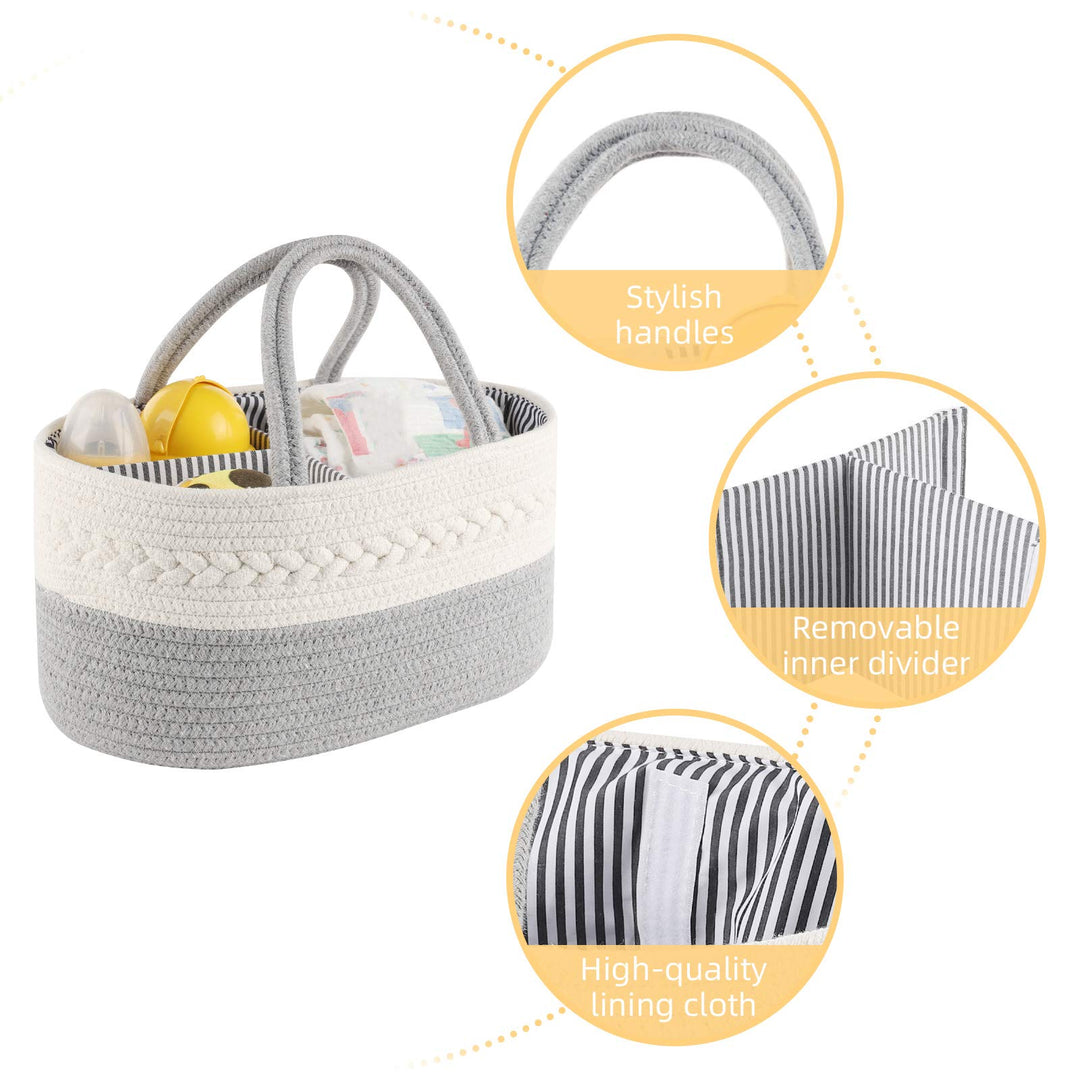 Baby Diaper Caddy Organizer, Portable Diaper Caddy Basket for Baby Boys and Girls, Cotton Rope Diaper Basket Organizer - Baby Basket with Compartments (Grey)