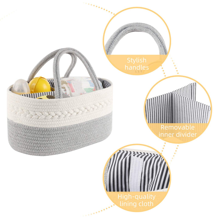 Baby Diaper Caddy Organizer, Portable Diaper Caddy Basket for Baby Boys and Girls, Cotton Rope Diaper Basket Organizer - Baby Basket with Compartments (Grey)