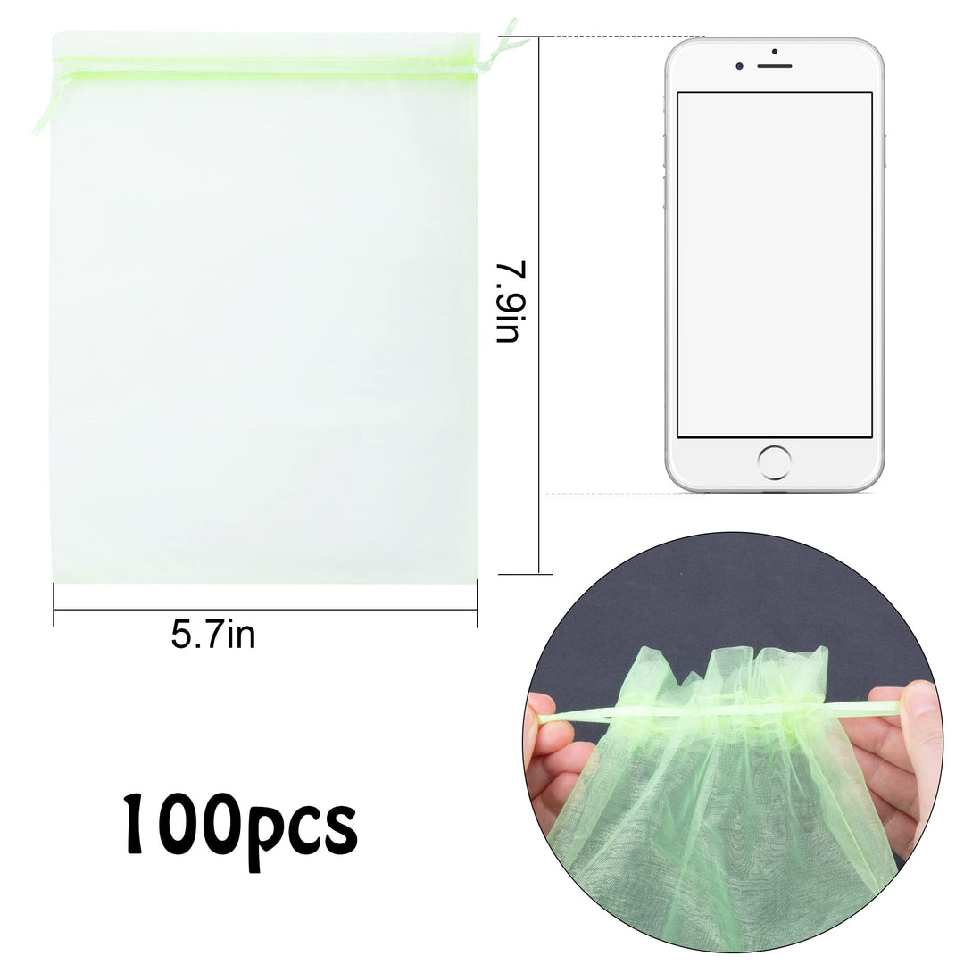 100 Pieces Green Fruit Protection Bags- 6x8 Inch Fruit Netting Bags with Drawstring,Garden Fruit Cover Mesh Bag to Protect Plants from Pest Birds Squirrels