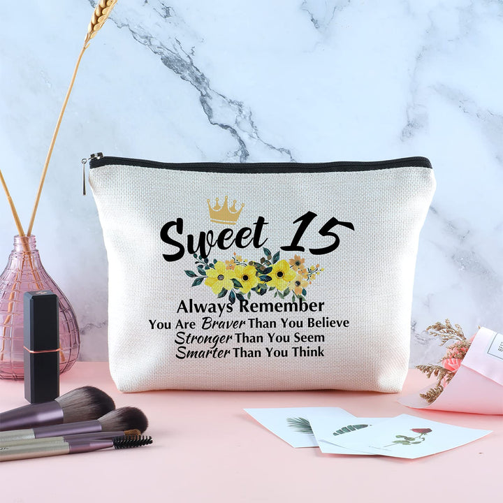 15 Year Old Gifts for Birthday Zipper Makeup Bag Travel Cosmetic Bag Sweet 15 Birthday Gifts for Her 15th Birthday Gifts for Daughter Niece Sister