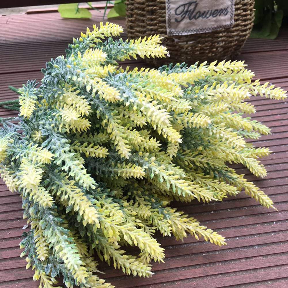 TENCHY Artificial Lavender Fake Flowers, 6 Bundles Yellow Lifelike Faux Foliage Plants Shrubs for Wedding Bouquets, Outside Hanging Planter, Farmhouse Indoor Outdoor Patio Home Decor
