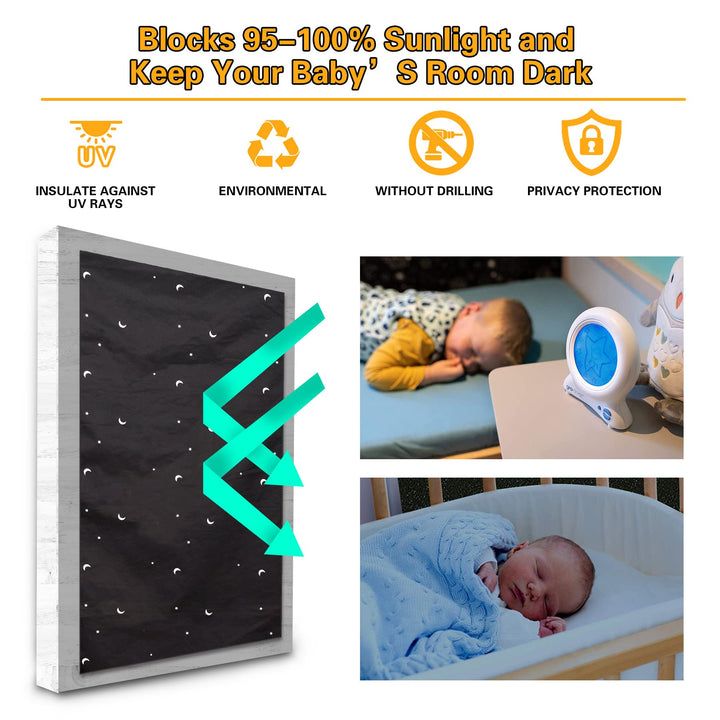 Portable Blackout Curtains, 100% Polyester Temporary Blackout Shades with Suction Cups for Nursery Room Windows, Baby/Kids Travel Use - 50 x 78, Moon & Stars Pattern