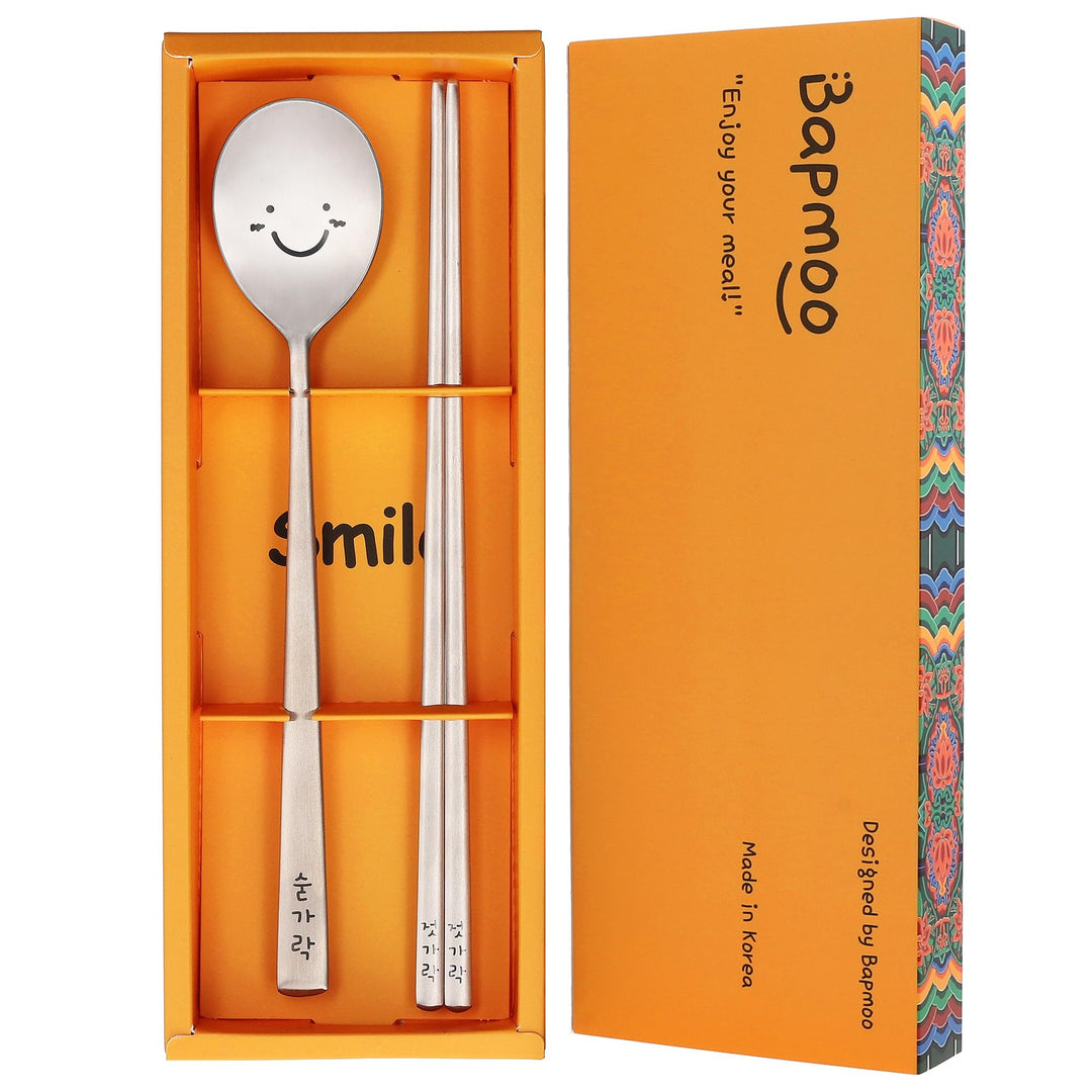 Korean Chopsticks and Spoon Set Combinations Reusable Long Handle Metal Stainless Steel Good for Gift Happy Face &amp; Hangul Characters Engraved Silver