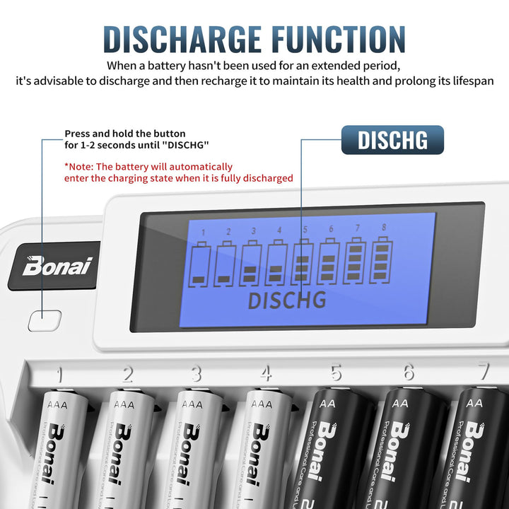 8+1 Bay AA AAA Battery Charger with LCD Display for AA AAA NiMH NiCd &amp; 9V Rechargeable Batteries Independent Control and Standard American AC Charging Plug