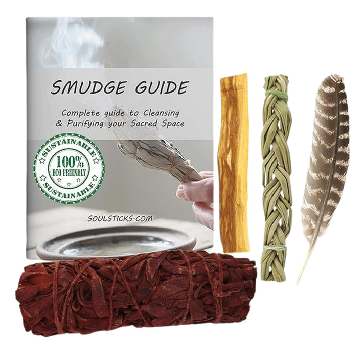 Sage Smudge Kit | Dragon&#39;s Blood Sage, Sweetgrass Braid, &amp; Palo Santo Stick(s) Smudging Kit for Meditation, Yoga, Reiki, Home Cleansing, &amp; Aromatherapy (Starter Kit, Dragons Blood Sage)