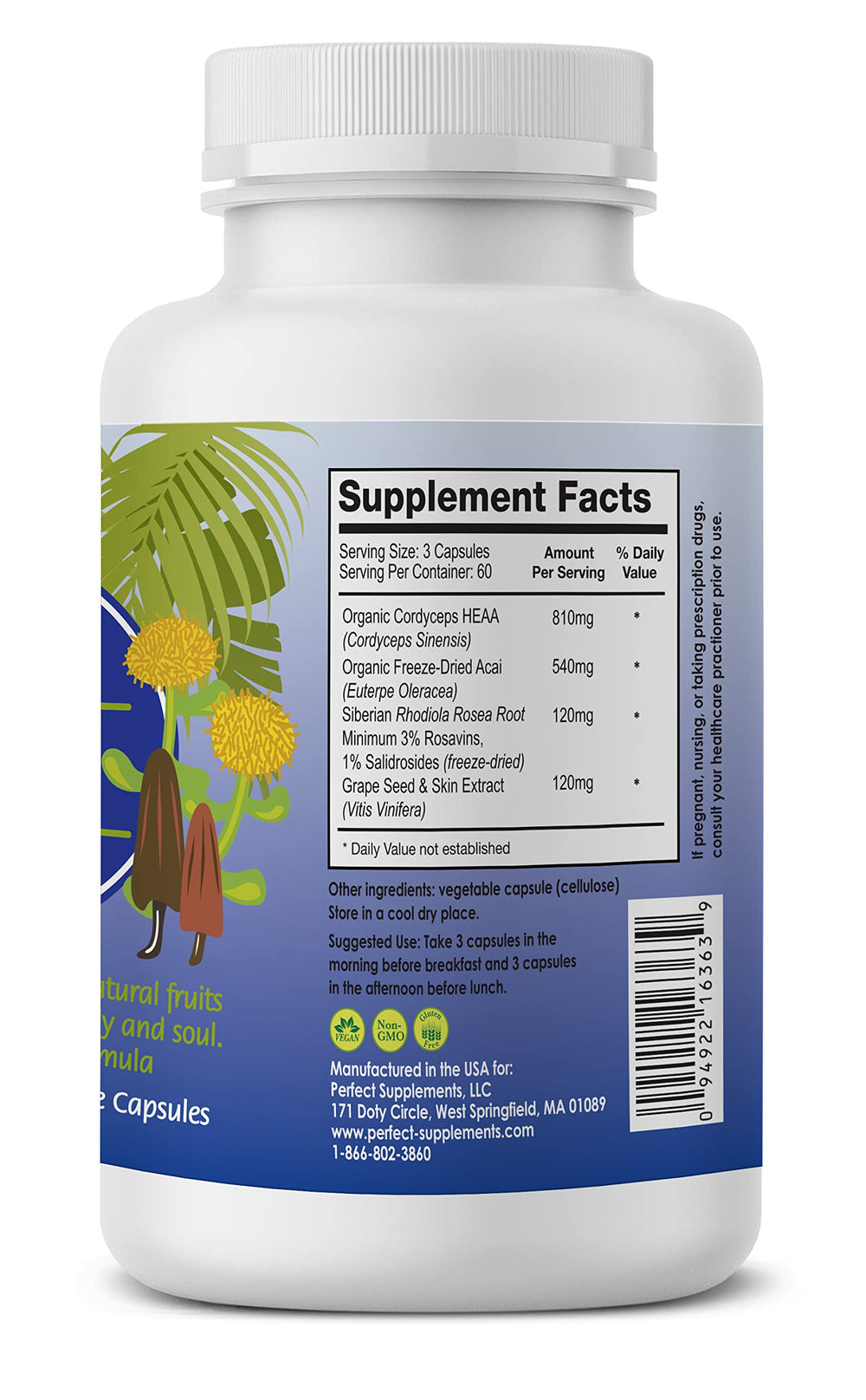 – Perfect Acai Revive – 180 Capsules – Organic Acai, Cordyceps, Grape Seed Extract & Rhodiola Rosea