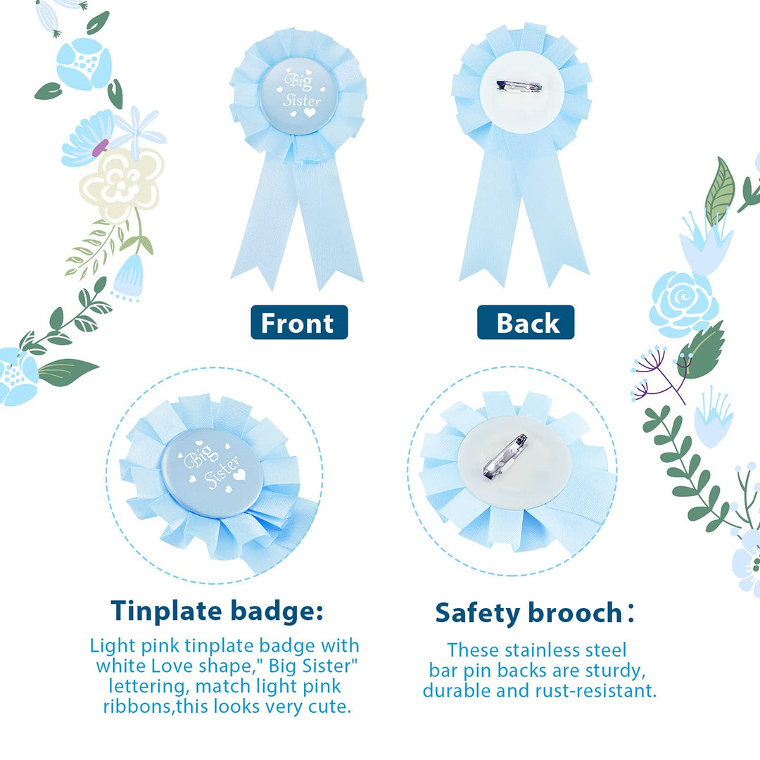 3 Pcs Big Sister Accessory Set Big Sister Flower Crown Satin Sash Pin Big Sister Gifts for Baby Shower Party(Blue)