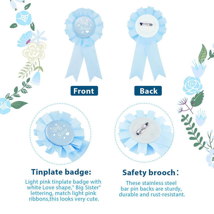 3 Pcs Big Sister Accessory Set Big Sister Flower Crown Satin Sash Pin Big Sister Gifts for Baby Shower Party(Blue)