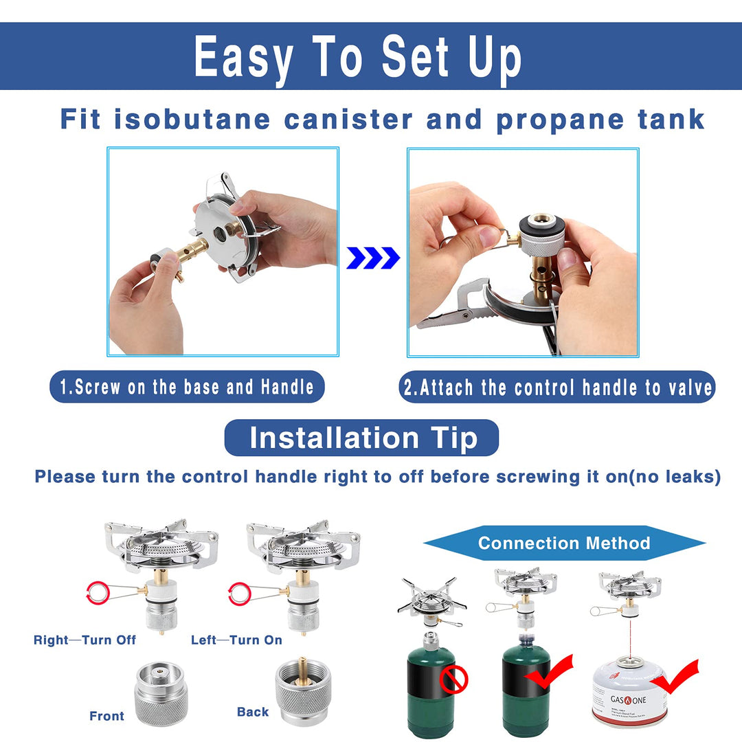 Portable Camping Stove Burner, Small Backpacking Stoves with Butane Adapter, Lightweight Hiking Stove with Carrying Case, Little Propane Camp Stove for Travel