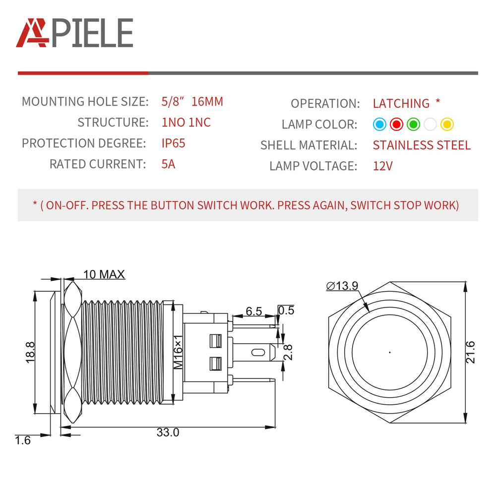 APIELE 16mm Latching Push Button Switch 12V DC On Off S