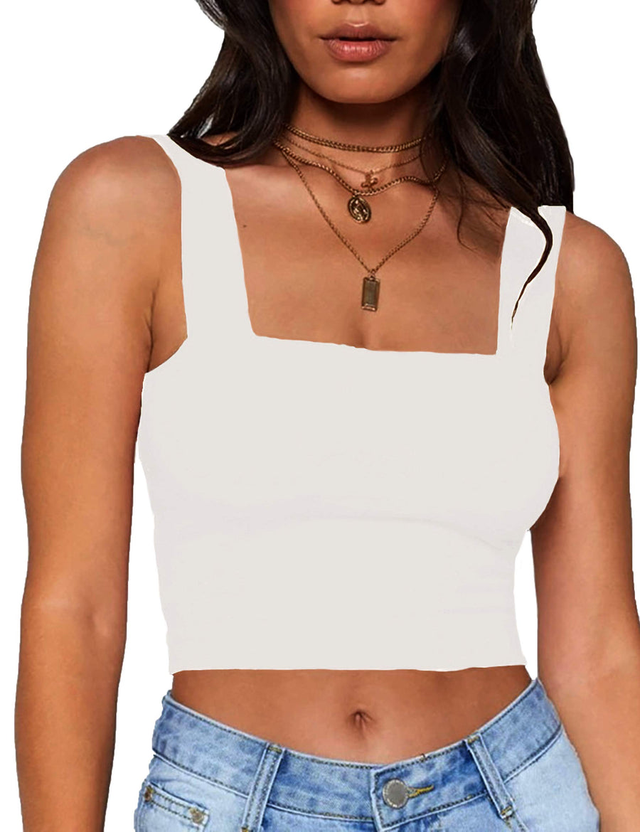 Women Summer Basic Crop Top Solid Sleeveless Stretch Crop Vest Square Neck Slim Crop Tank Top White