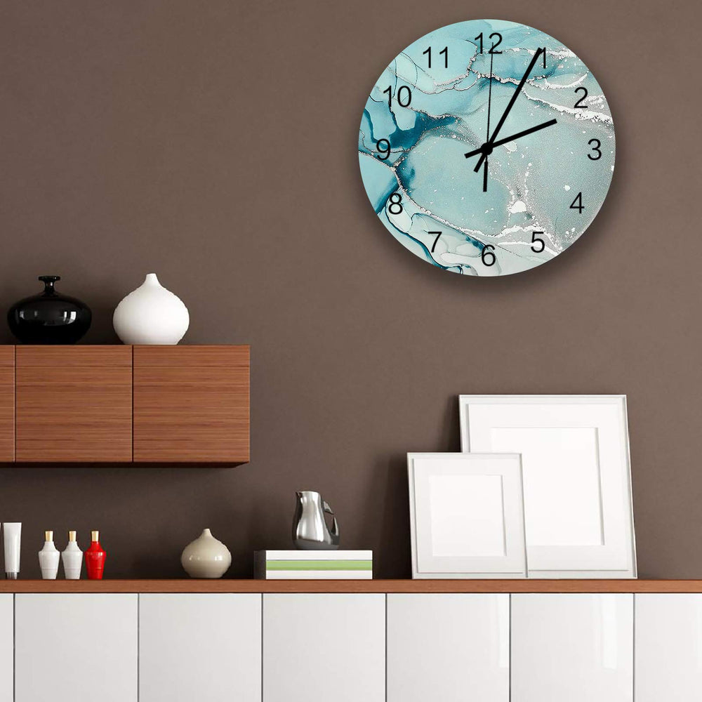 12 Inch Gradient Marble Round Wooden Wall Clock, Gradient Turquoise to Grey with Silver Stripes Wall Clock Battery Operated Abstract Wall Clock with Arabic Numerals for Living Room, Kitchen, Laundry