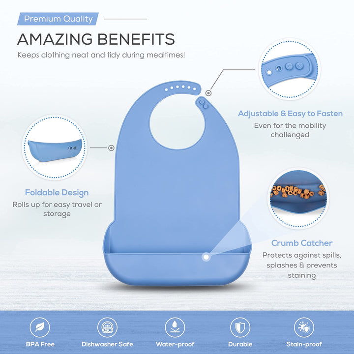 Adult Bibs for Eating – Washable Silicone Adult Bibs for Elderly Men and Women, Plastic Bibs for Adults Senior Citizens, Disabled Products for Adults, Clothing Protectors with Crumb Catcher