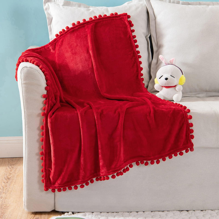 Fleece Blanket with Pompom Fringe, Soft Cozy Lightweight Flannel Bed Blanket Fuzzy Plush Warm Blanket with Boho Decorative Tassel for Couch Sofa, Throw Size 50x60, Cream White