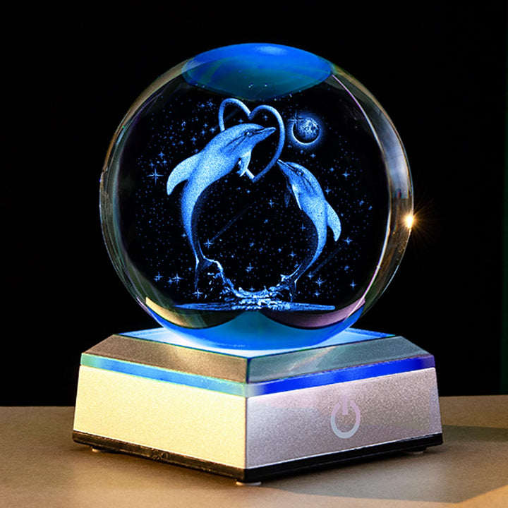 3D Dolphin Crystal Ball with Lighted Base Dolphin Gifts for Mom Women Decorative Glass Ball Night Light Engraved Dolphin Sphere Decoration Gifts for Mothers Day Birthday Anniversary