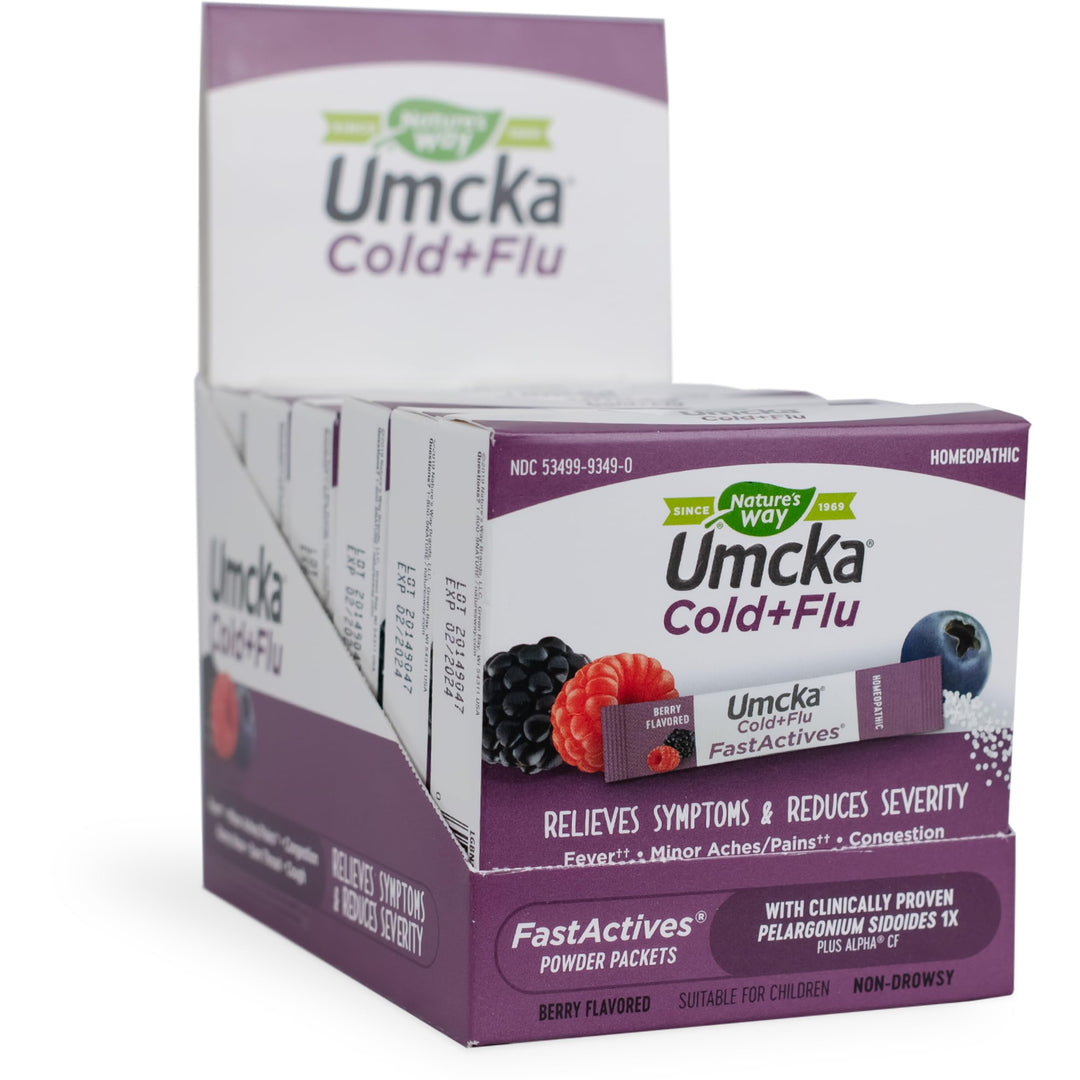 Nature&#39;s Way Umcka FastActives Cold+Flu Powder Packets, Fever††, Sore Throat, Cough, and Congestion Relief, Berry Flavored, 60 Packets