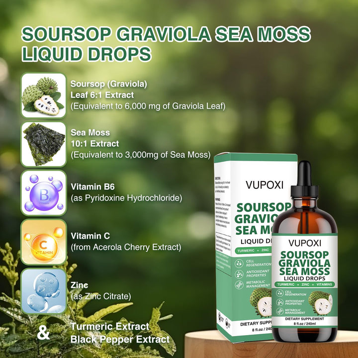 Soursop Multivitamin Liquid Drops Cell Support &amp; Regeneration, Immune Boost,Dietary Fiber and Sleep, Organic Soursop Extract-Sugar Free, Non-GMO, 100% Vegan, Gluten-Free-8 Fl Oz/240 ML