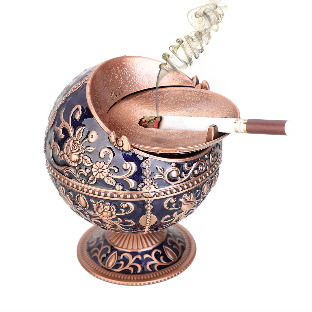 Windproof Ashtray with Lid for Cigarettes Metal Portable Cigar Ashtray Odor Eliminator for Indoor outdoor Hand Stamped Rose Pattern with Sparkle Fancy Gift for Men Women (Navy Blue-Red Copper)