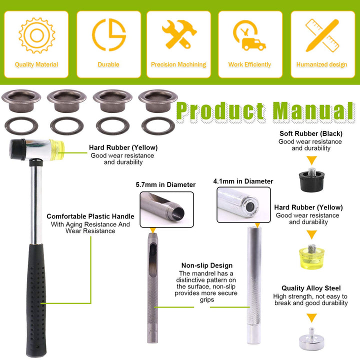 200 Pieces 6MM 1/4 Inch Gun Black Grommets Eyelets with 3Pcs Installation Tools for Fabric, Canvas, Curtain, Clothing, Leather