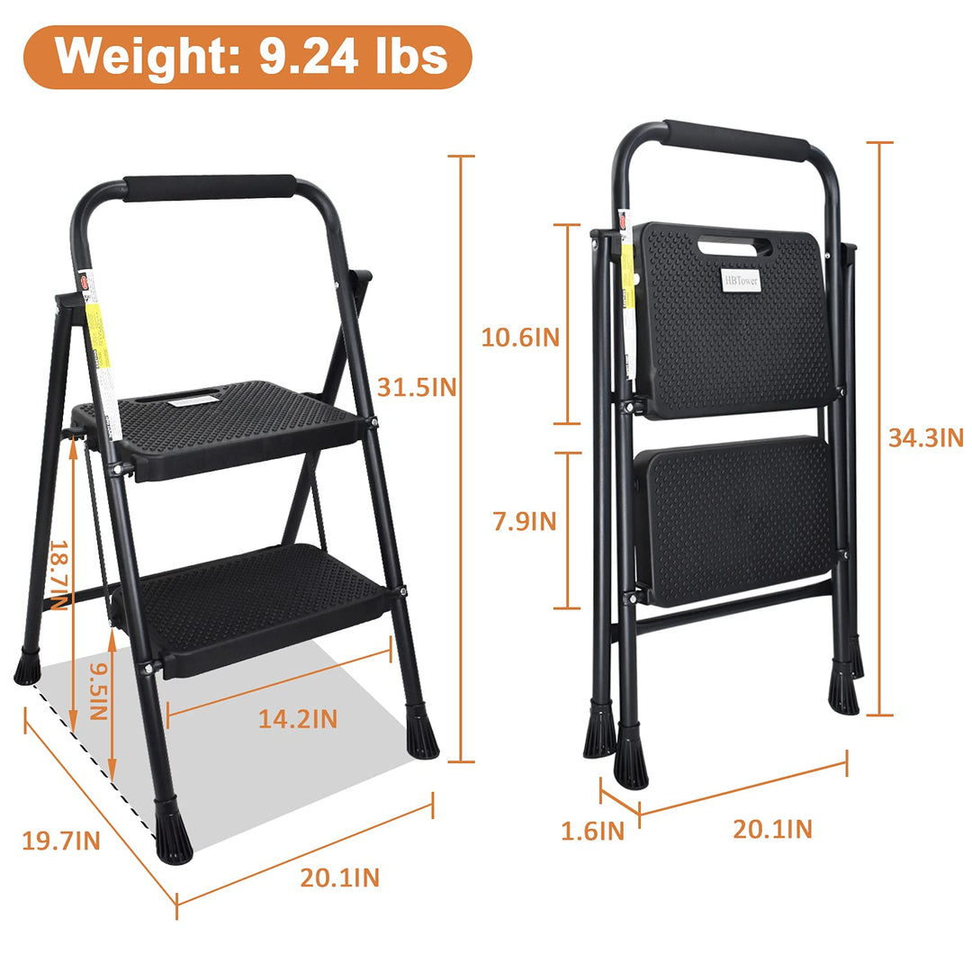 2 Step Ladder, 500 lbs Folding Step Stool with Anti-Slip Wide Pedals, Sturdy Steel Ladder, Convenient Handgrip, Lightweight Portable Step Stool Black