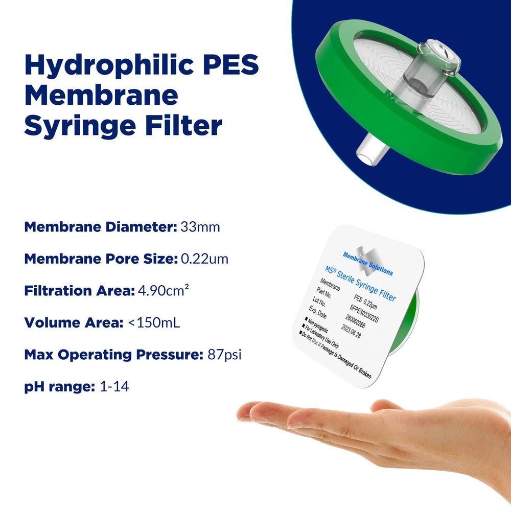 10 Pack Syringe Filter Sterile PES Hydrophilic Filtration 0.22um Pore Size, 33mm Membrane Diameter Sterile PES Membrane Individually Packed