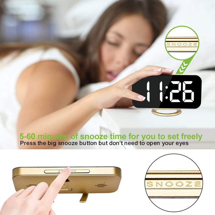 Digital Alarm Clock,LED and Mirror Desk Clock Large Display,with Dual USB Charger Ports,3 Levels Brightness,12/24H,Modern Electronic Clock for Bedroom Home Living Room Office - Gold