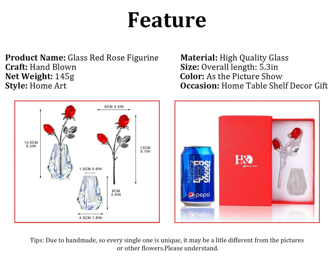 H&amp;D HYALINE &amp; DORA Crystal Red Rose Figurine Collectible Glass Double Roses Flowers Bouquets Ornament Silver Stem with Crystal vase Decor for Home Wedding Party