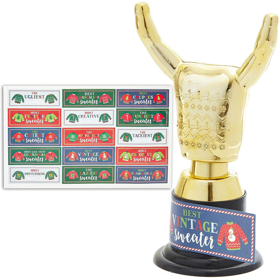 Christmas Party Ugly Sweater Award Trophy Set with Stickers – Pack of 12