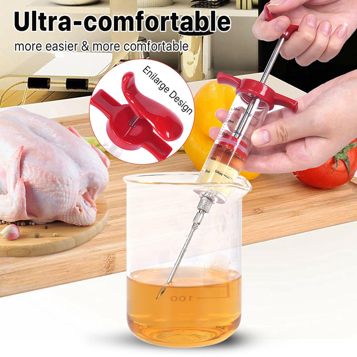 Meat Injector Syringe - 3 Marinade Injector Needles for BBQ Grill, Premium Portable Turkey Injector kit for Smoker,Marinades Injector for Meats With 1oz Large Capacity 1 Brush Easy to Use &amp; Clean Red