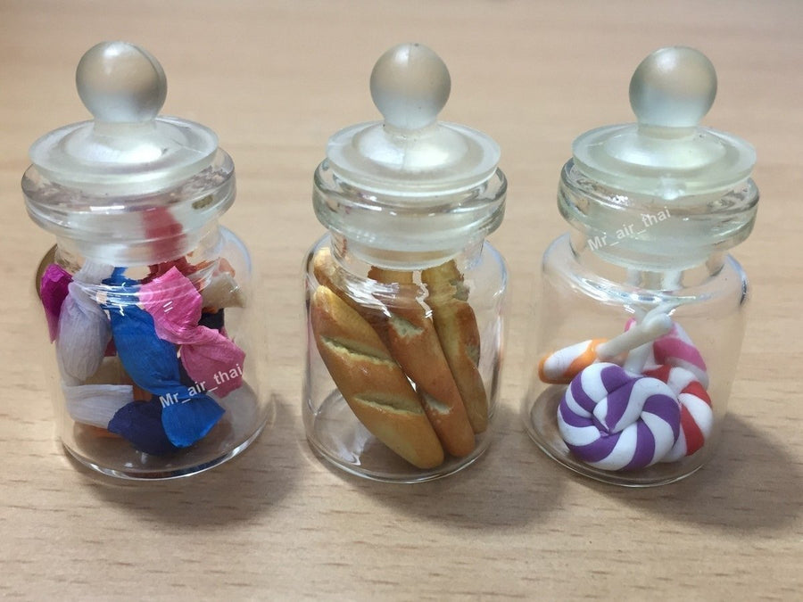 3pc Miniature Cake Food Candy Cookie Dollhouse Bread in Clear Glass Mini Bottle fruit Food #MF014