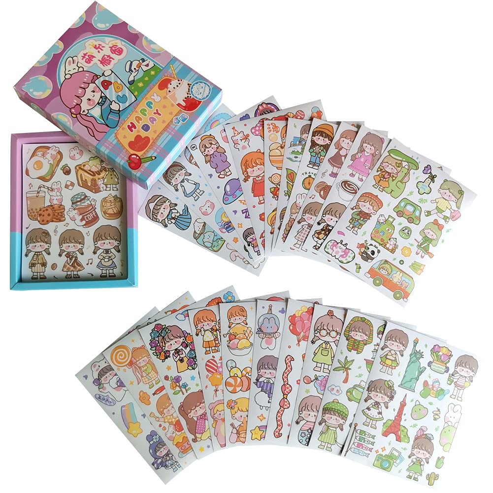Kawaii Washi Stickers Set (50 Sheets) Cute Girl Happy Day Birthday Party Universe Marine Life Afternoon Tea Sticker for Scrapbooking Journaling Water Bottle Diary Planner Album