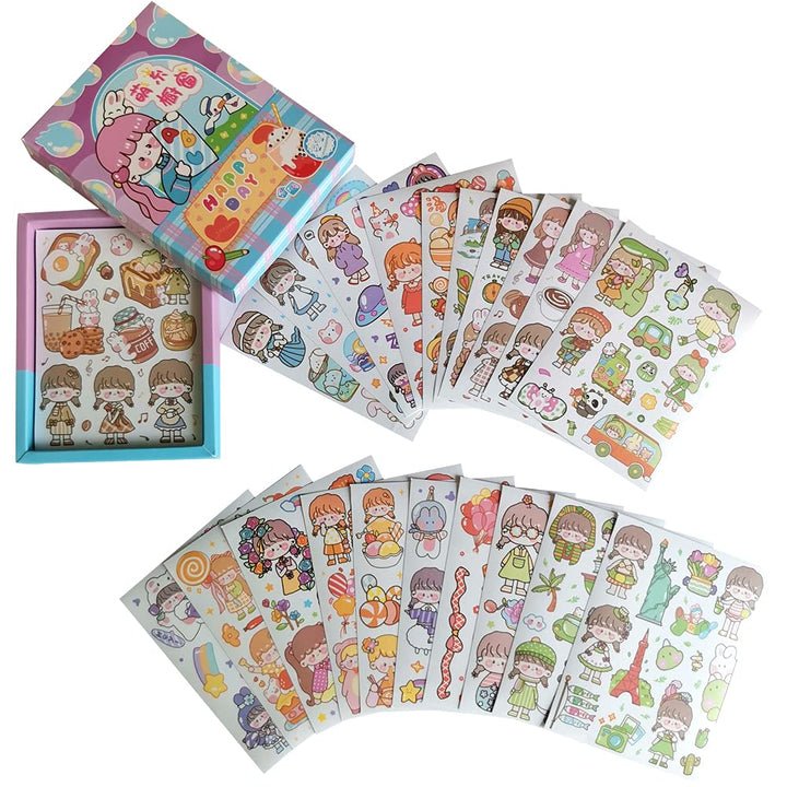 Kawaii Washi Stickers Set (50 Sheets) Cute Girl Happy Day Birthday Party Universe Marine Life Afternoon Tea Sticker for Scrapbooking Journaling Water Bottle Diary Planner Album