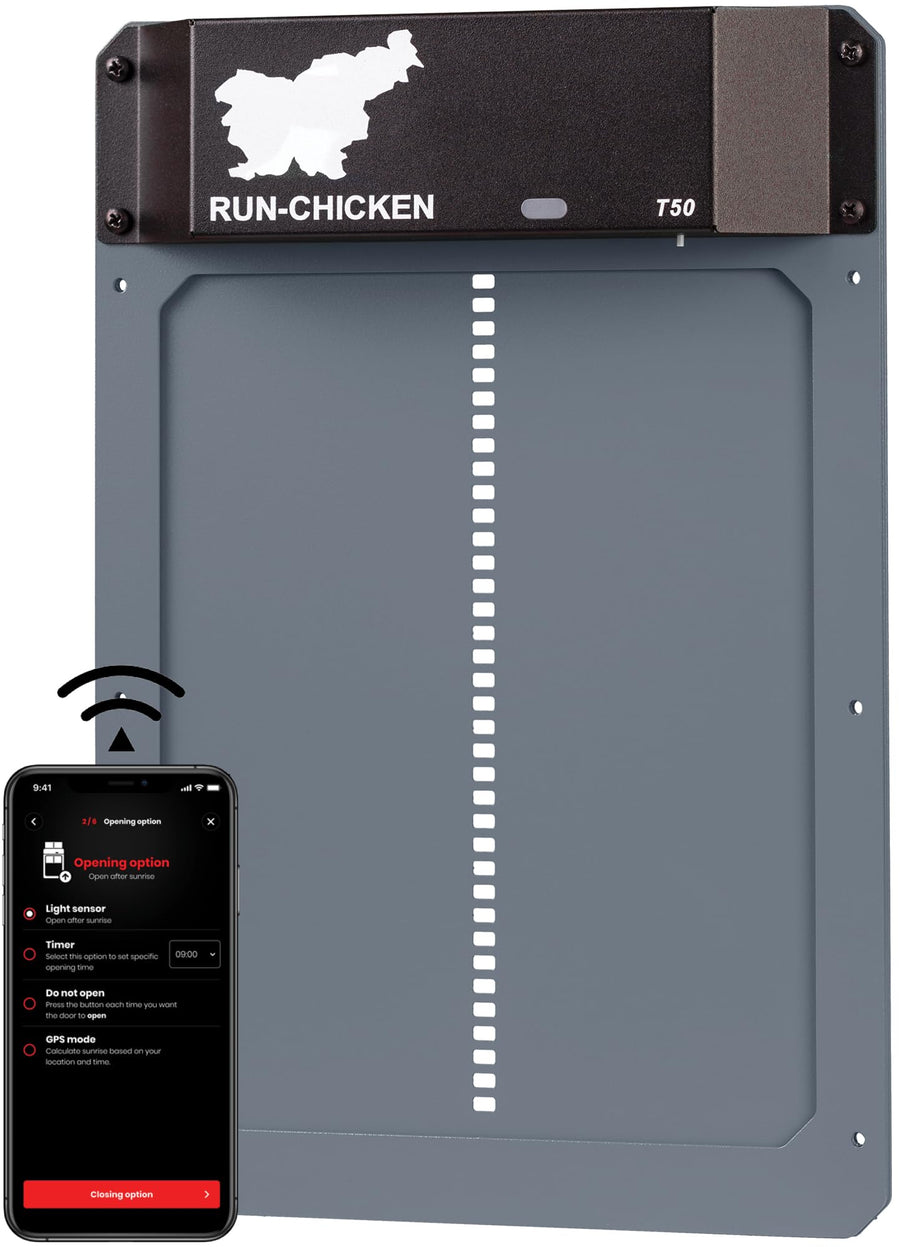 Door Automatic Chicken Coop Door Opener with Timer, Programmable Light Sensor, Battery Powered, Evening and Morning Delay, Aluminum , Model T50, (Gray)