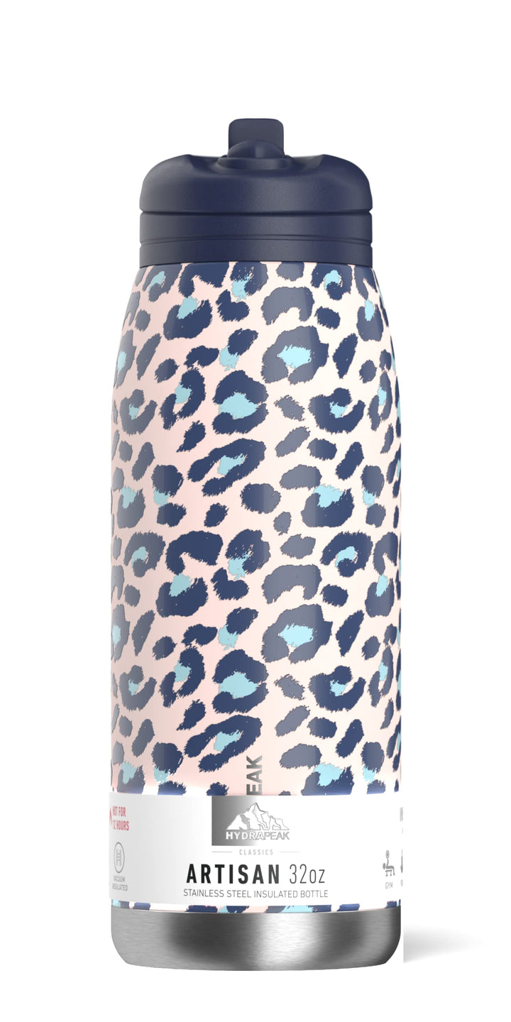 Artisan 32oz Insulated Water Bottles with Straw Lids | Leak-Proof and Vacuum Insulated, Double Walled Stainless Steel Water Bottles Featuring Chic and Stylish Designs (Pink Leopard)