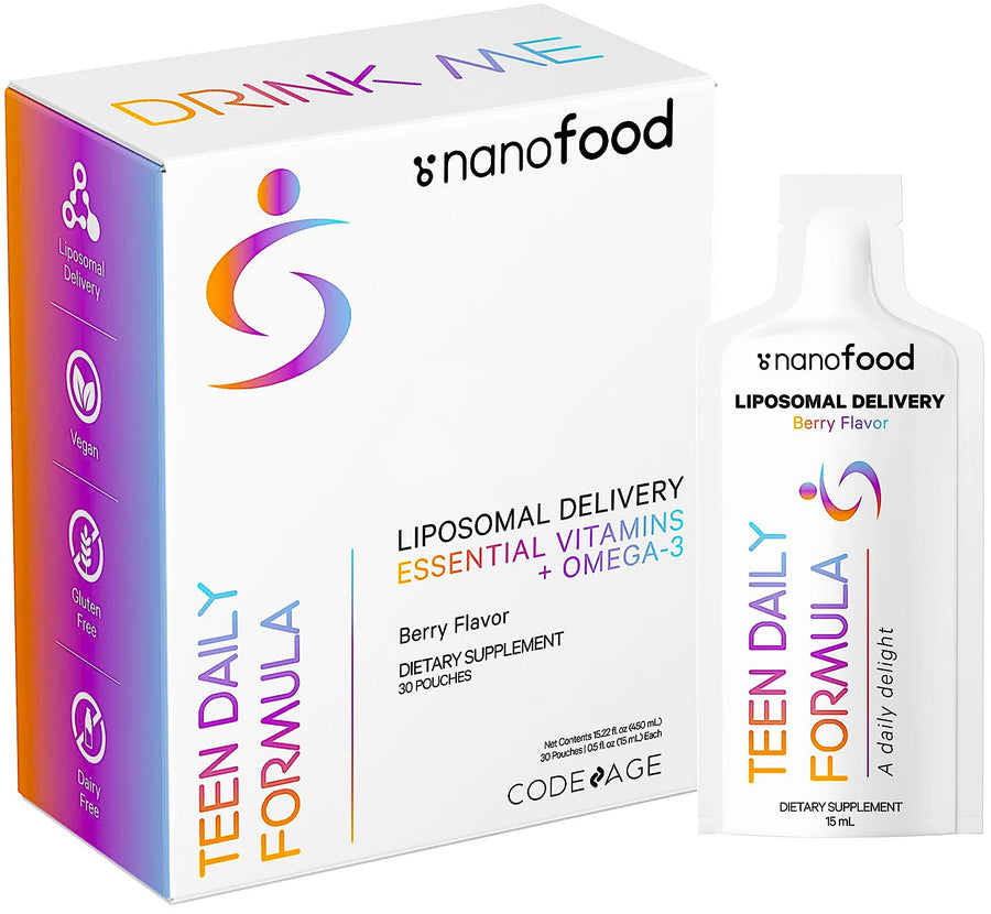 Multivitamins For Teens, Liquid Vitamin C for Teenagers, Vitamin A B6 B12 D3 E For Kids, Biotin Zinc Omega-3 Folate, Liposomal Vitamins Supplement, One Daily Sachet, Vegan, Non-GMO, 30 Pouches