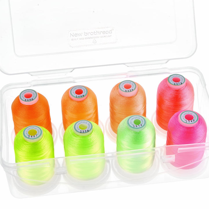 - 20 Options - 8 Snap Spools of 1000m Each Polyester Embroidery Machine Thread with Clear Plastic Storage Box for Embroidery &amp; Quilting - Neon Color