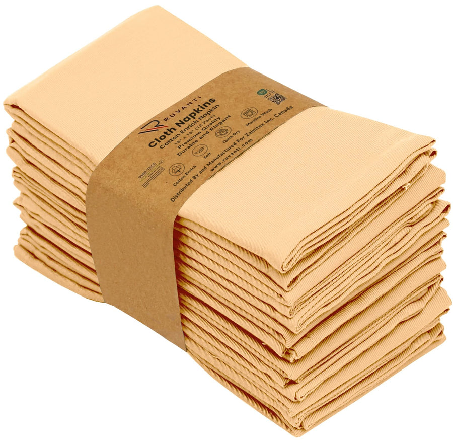 Ruvanti Cloth Napkins Set of 12, 18x18 Inches Napkins Cloth Washable, Soft, Durable, Absorbent, Cotton Blend. Table Dinner Napkins Cloth for Hotel, Lunch, Restaurant, Wedding, Parties - Yellow Gold