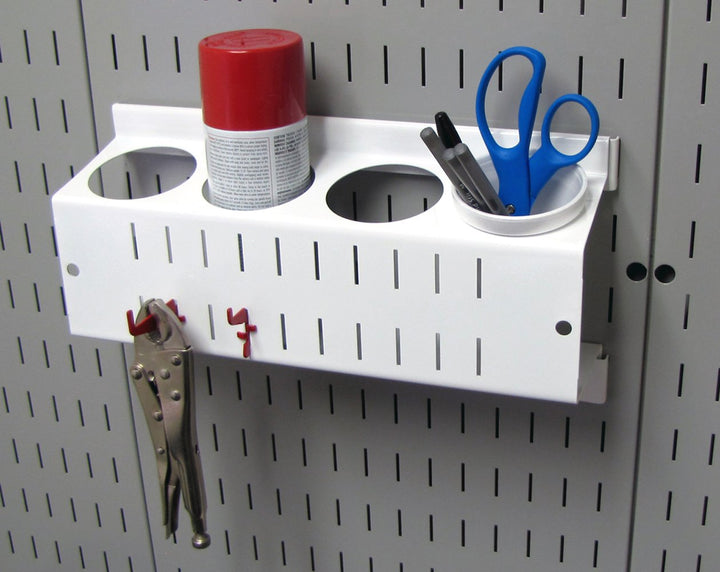 Pegboard Spray Can Holder Bracket and Aerosol Can Organizer for Pegboard and Slotted Tool Board – White