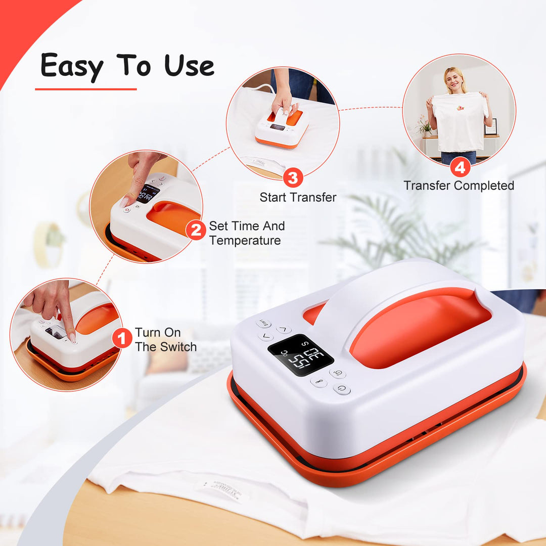 Mini Heat Press Machine - 7 × 5 Portable Heat Press Rapid Even Heat T-Shirts HTV Vinyl Masks Hats Sublimation Heat Transfer Iron with Precise Temperature Control Insulated Base (Orange)