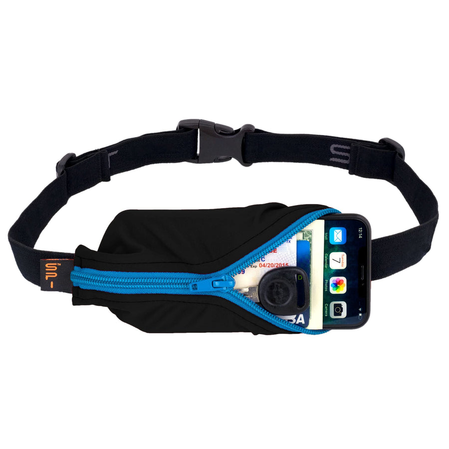 Large Pocket Running Belt for Women Men, Phone Holder for Running, Running Fanny Pack, Holder for Phone, Running Waist Pack, Expandable, Adjustable. Black with Turquoise Zipper