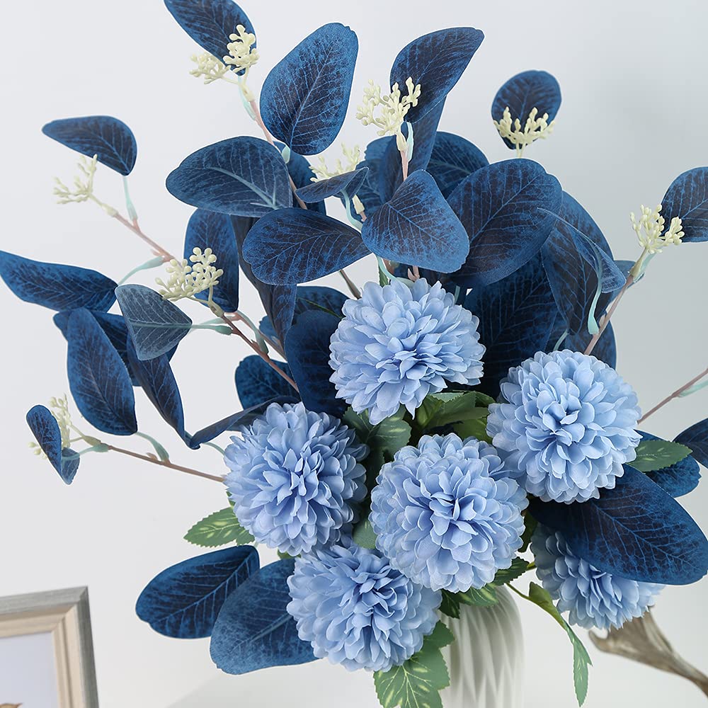 Blue Fake Flowers Bouquet Artificial Hydrangea Flowers Blue Chrysanthemum Silk Flowers for Fake Flower Arrangements Blue Decor Home Indoor Dining Table Decor (Without Vase, Dark Blue)