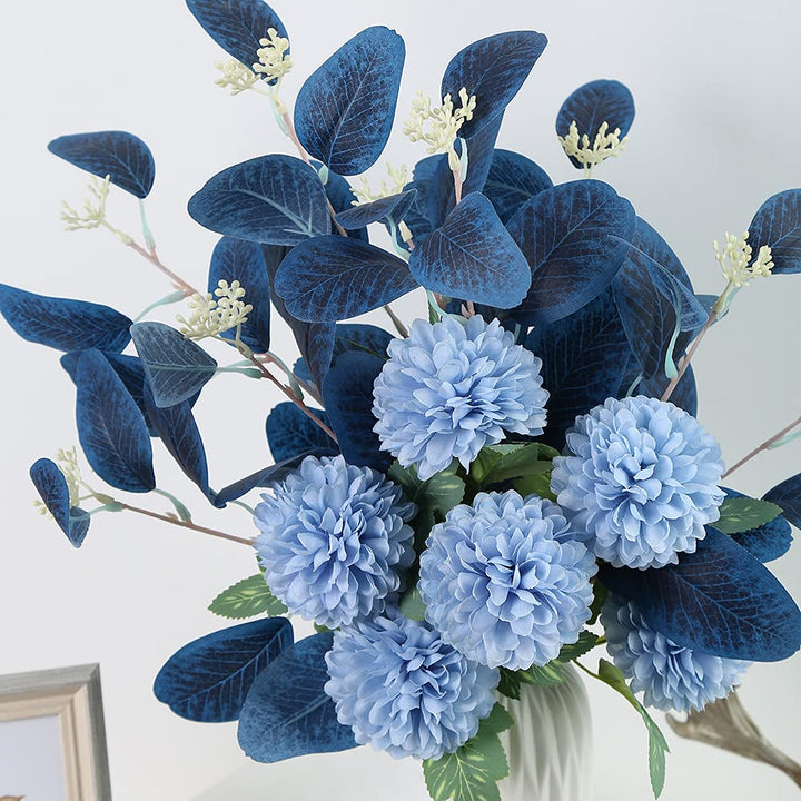 Blue Fake Flowers Bouquet Artificial Hydrangea Flowers Blue Chrysanthemum Silk Flowers for Fake Flower Arrangements Blue Decor Home Indoor Dining Table Decor (Without Vase, Dark Blue)