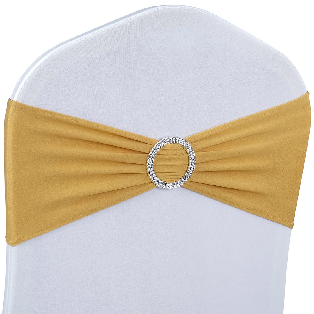Spandex Chair Sashes Bows 50PCS Premium Stretch Chair Cover Band with Buckle Slider Universal Elastic Chair Ties for Wedding Party Ceremony Reception Banquet Decoration (Gold)