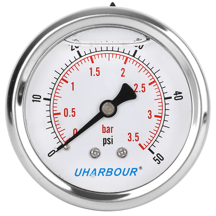 UHARBOUR Glycerin Filled Low Pressure Gauge 50psi/3.5bar, Stainless Steel case, Brass Inside Construction, 2-1/2 dial, 1/4NPT Back Connection.…