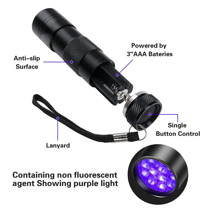 Black Light Flashlight, 2 Pack 12 LED UV Blacklight Flashlight, 395nm Handheld Mini Torch Light, Professional Urine Detector for Dog Pet Urine Stains, Bed Bugs and Scorpions.