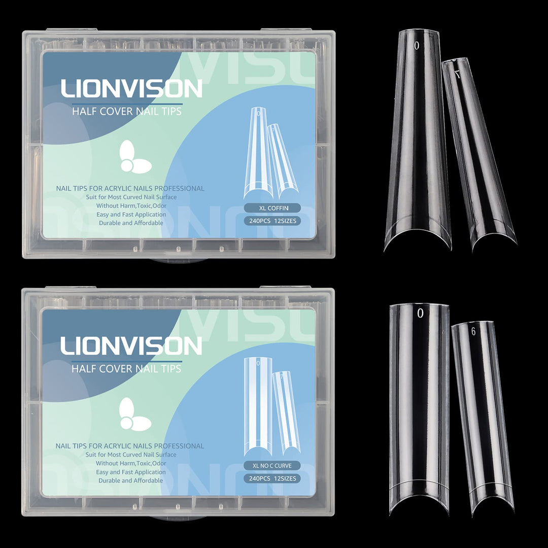 440PCS Extra Long Clear Nail Tips, 1Pack Half Cover Clear Coffin Nail Tips with 1Pack C Curve Nail Tips for Acrylic Nails Professional, XL Long Straight Square Ballerina Nail Tips for Nail Salons Home