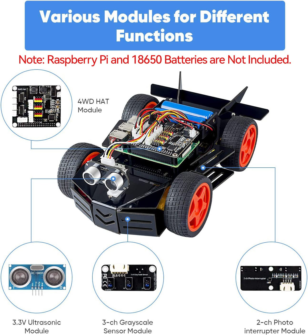 Robot Car Kit for Raspberry Pi, 4WD HAT Module, Ultrasonic Sensor, Velocity Measurement Module etc. Electronic DIY Robot Kit for Teens and Adults, Raspberry Pi/TF Card/Battery not Included