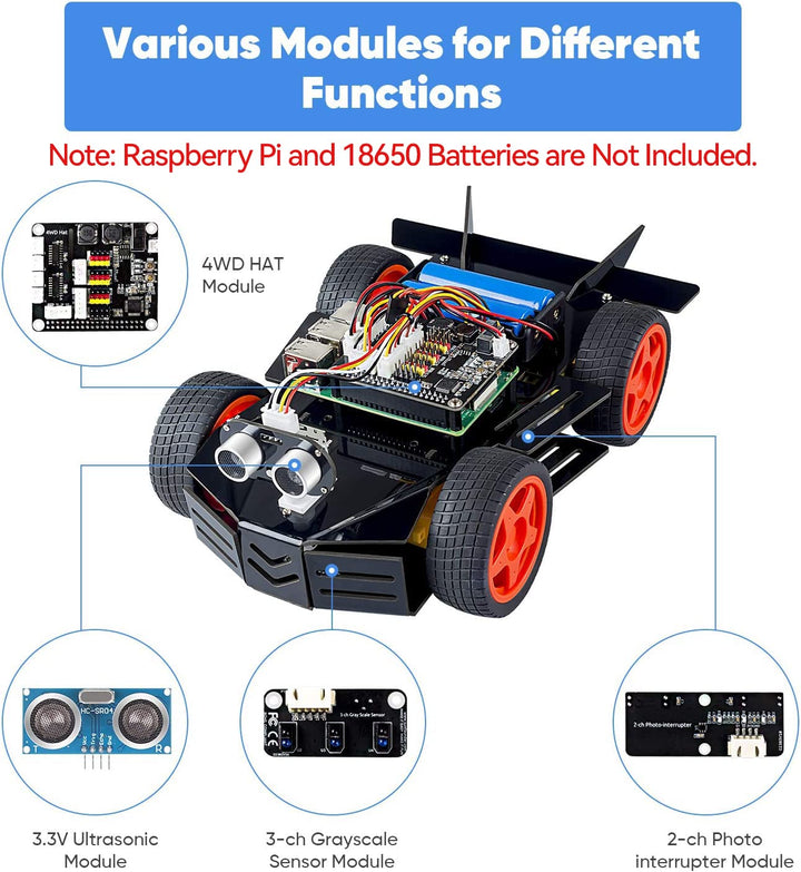 Robot Car Kit for Raspberry Pi, 4WD HAT Module, Ultrasonic Sensor, Velocity Measurement Module etc. Electronic DIY Robot Kit for Teens and Adults, Raspberry Pi/TF Card/Battery not Included