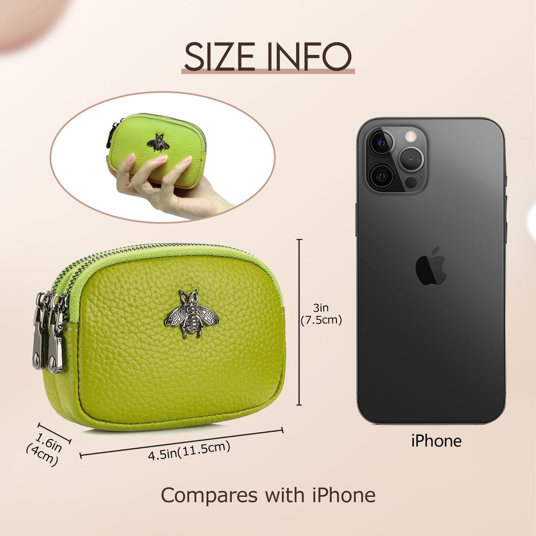 Women Leather Coin Purse, Small 2 Zippered Change Pouch Wallet(Yellow Green)